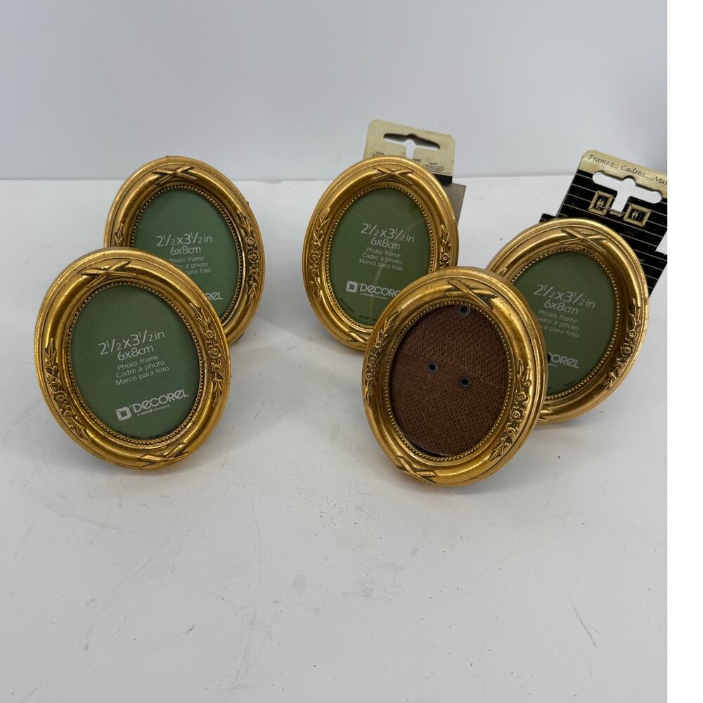 Ornate Gold Oval Picture Frames Set of 5 Small 2.5x3.5 Easel Back Tabletop